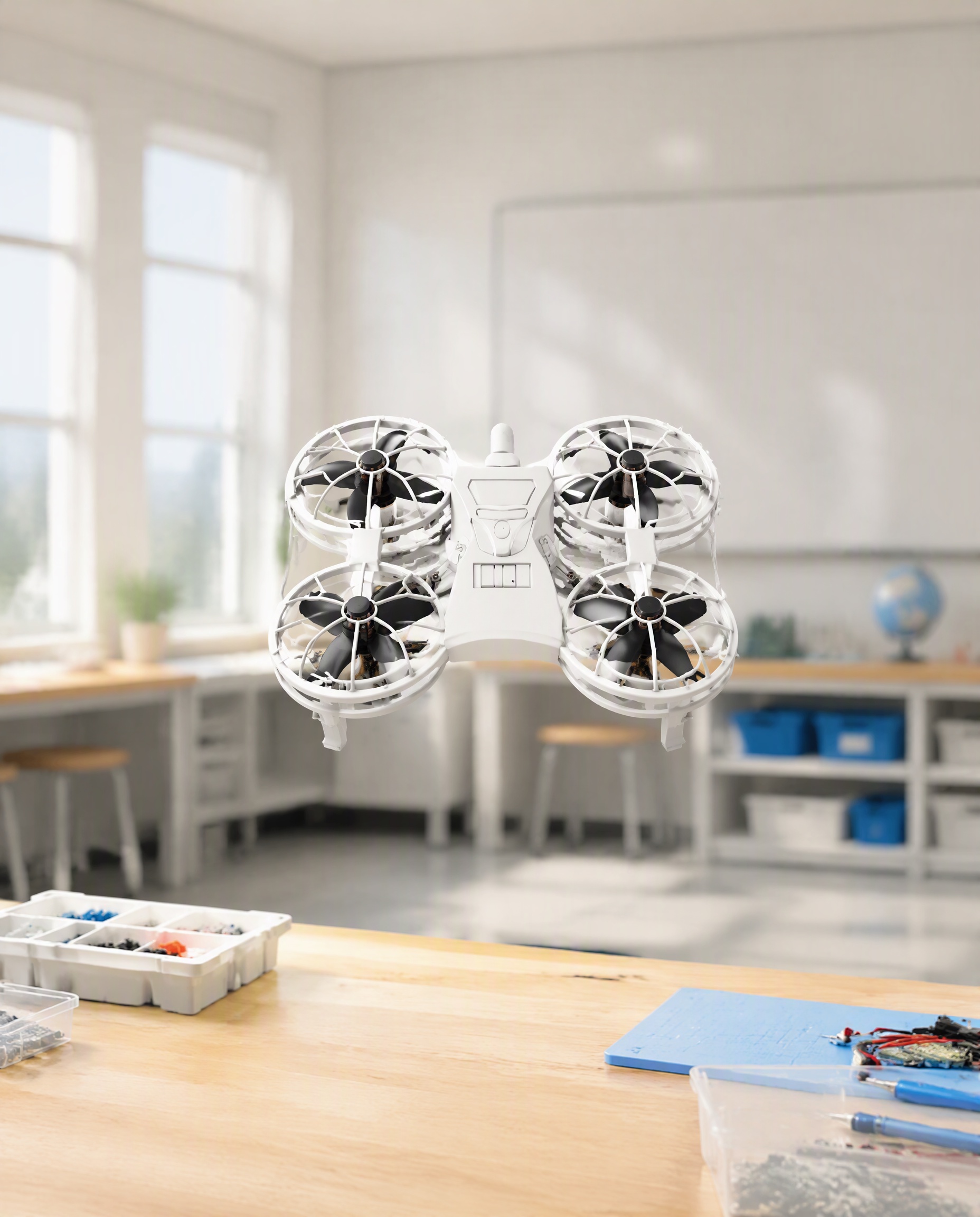 Fully visible DIY-959 modular education drone in a contemporary STEM lab