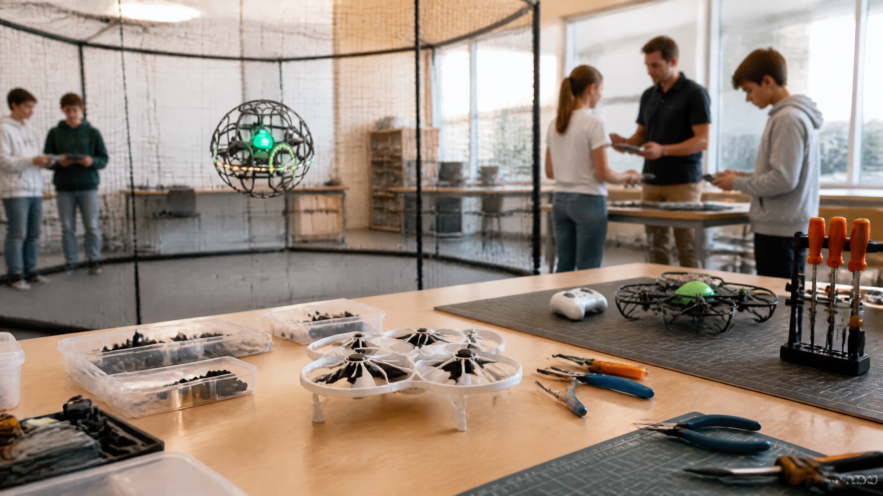 DIY, drone-soccer and carbon-fiber training products in a contemporary education-drone activity space