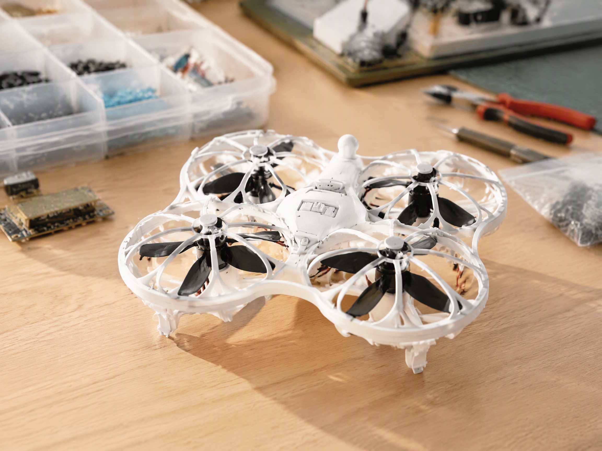 DIY-959 modular education drone on a contemporary STEM assembly workbench