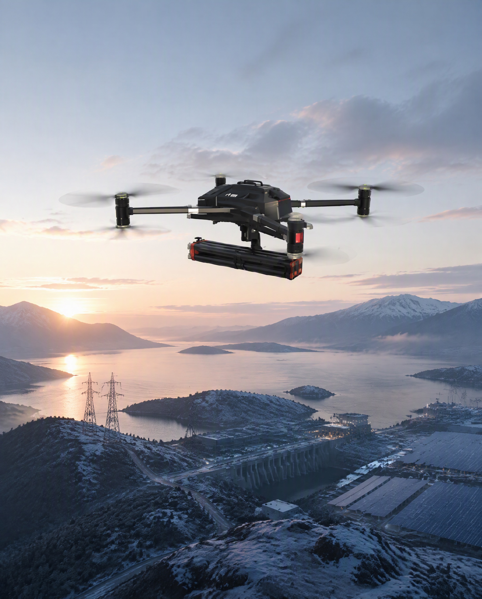 Fully visible civilian industrial UAV above energy infrastructure at dawn