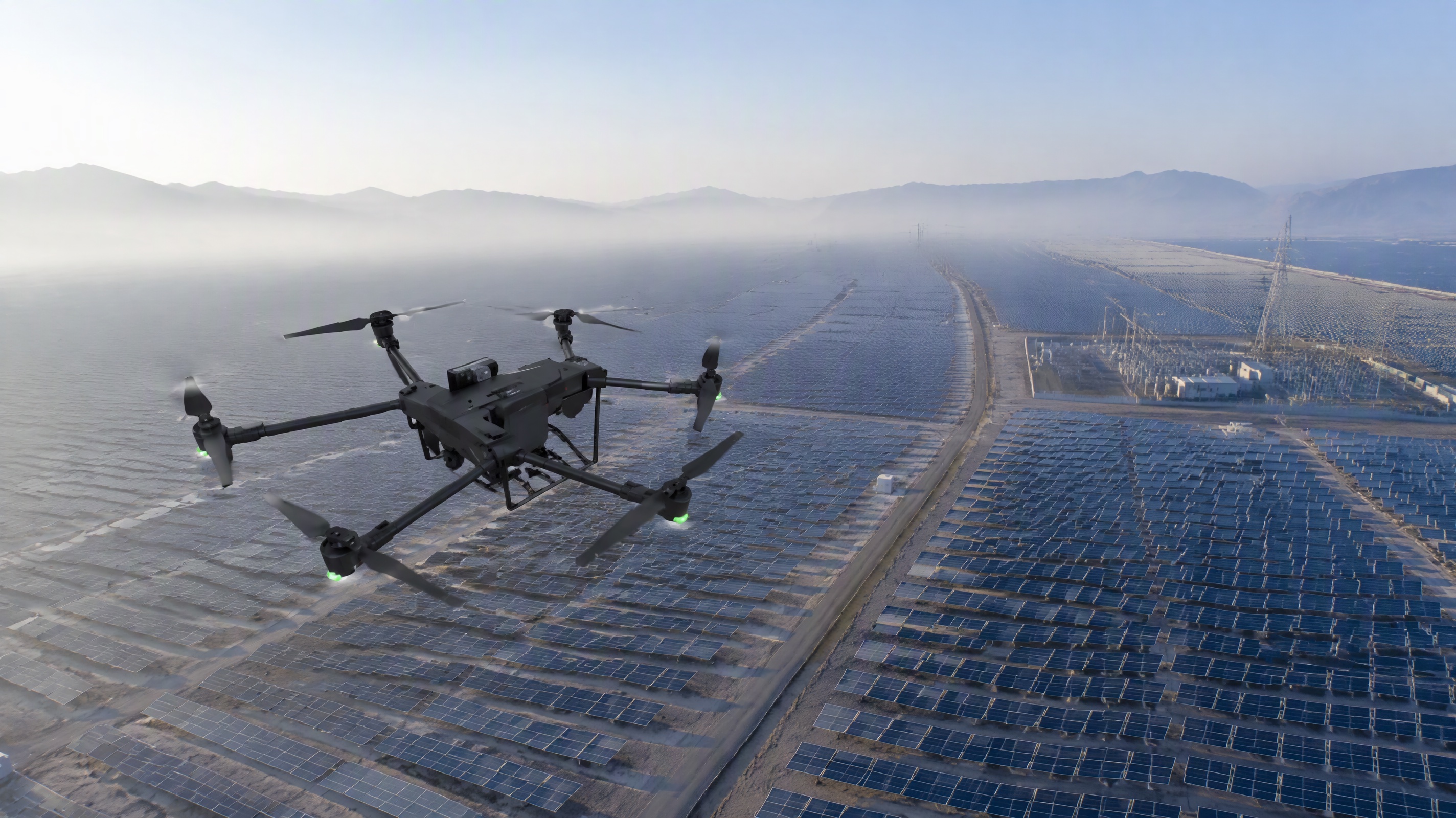 Industrial UAV operating above a solar energy facility